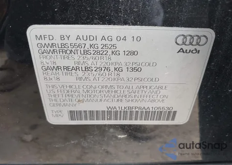 2010 Audi Q5 3.2 Premium z USA, uszkodzony, nr VIN WA1LKBFP8AA105530